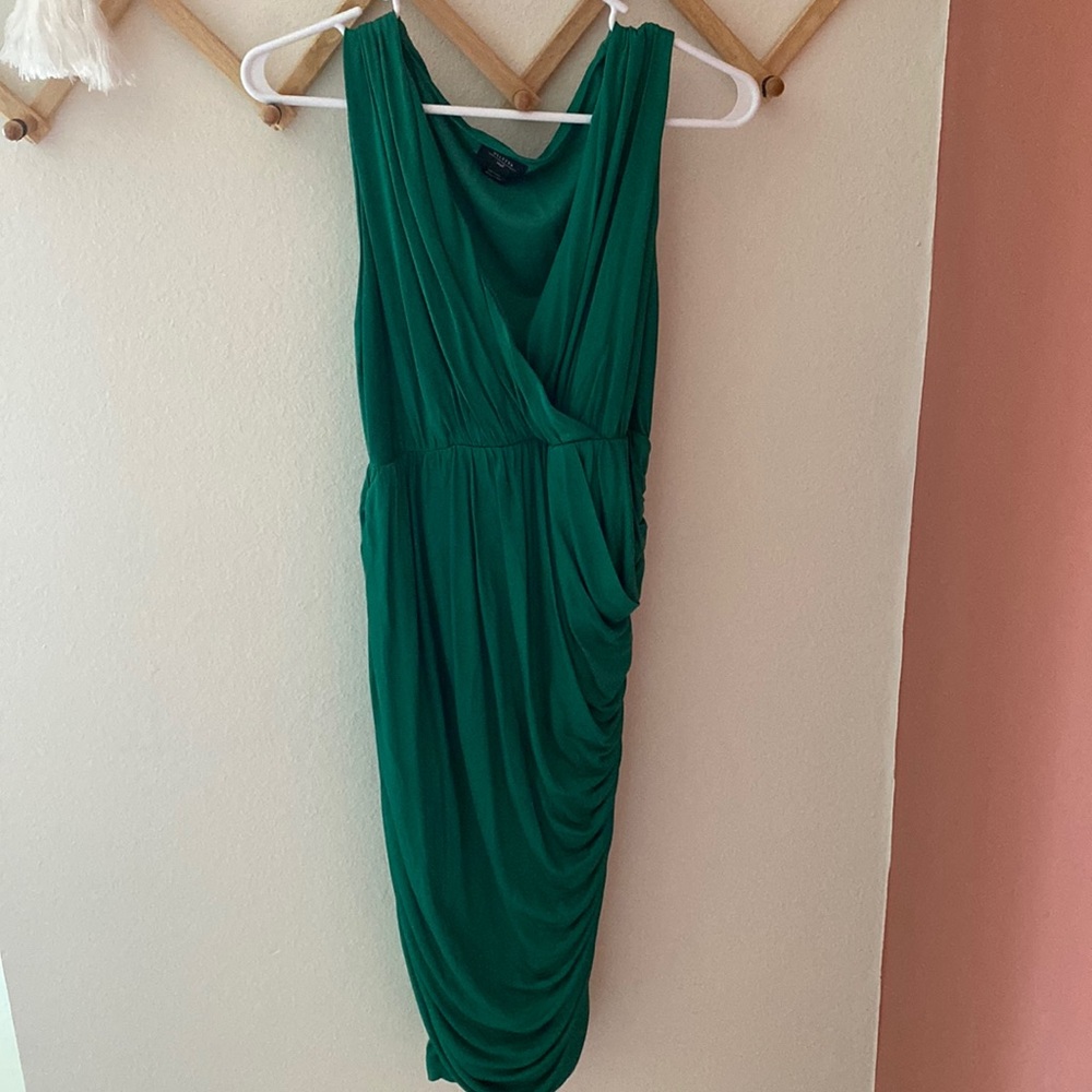 Anthropologie ruched emerald green midi dress